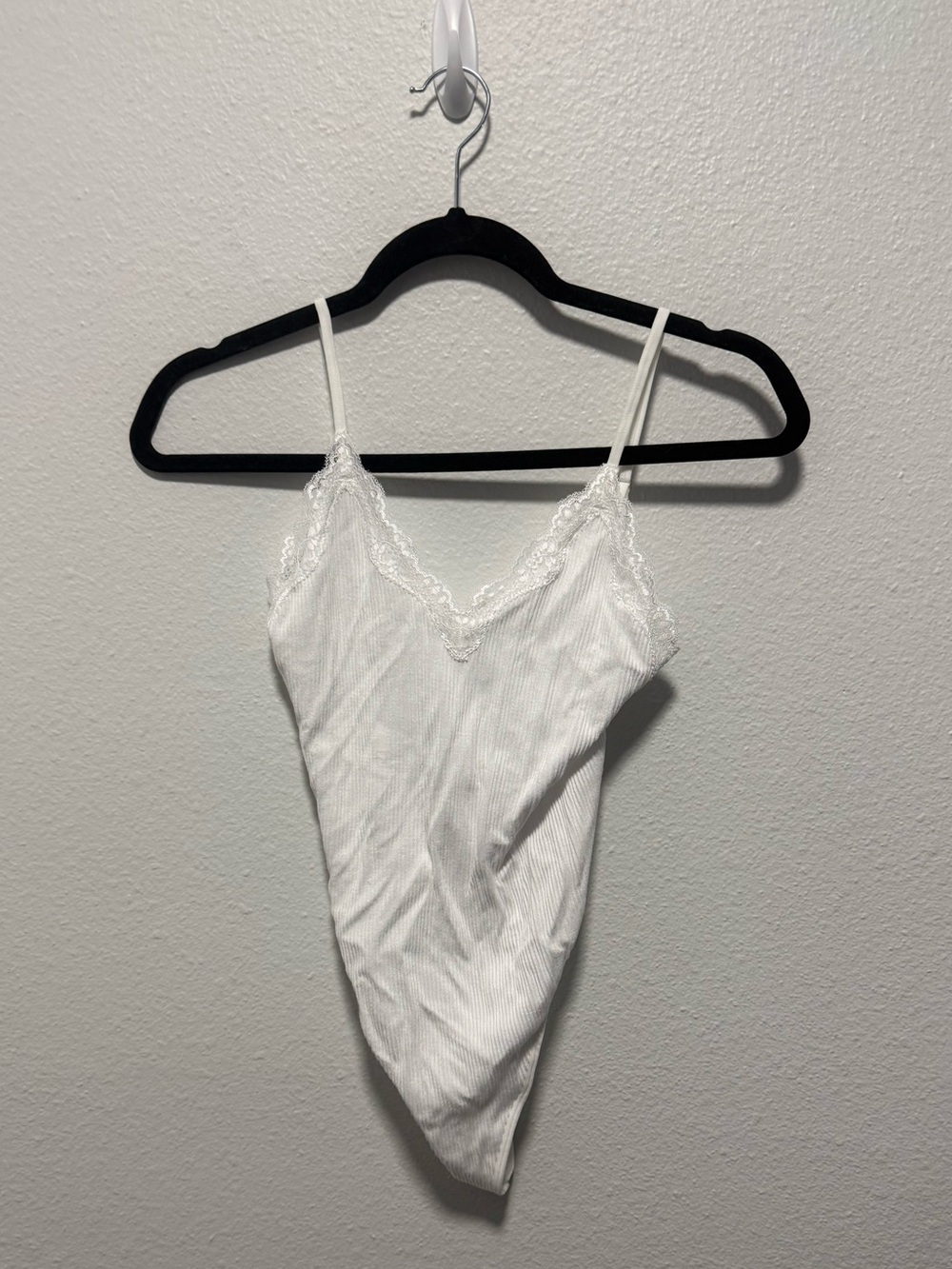 Forever 21 White Lace-Trim Ribbed Bodysuit Size Large